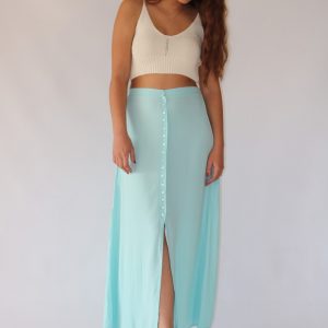 Falda midi azul turquesa para mujer en tejido vaporoso, con textura y vuelo