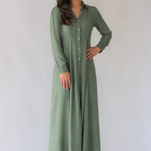 Vestido largo para mujer liso verde militar, tejido vaporoso con vuelo