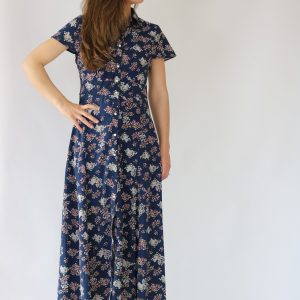 Vestido largo azul marino para mujer con estampado floral