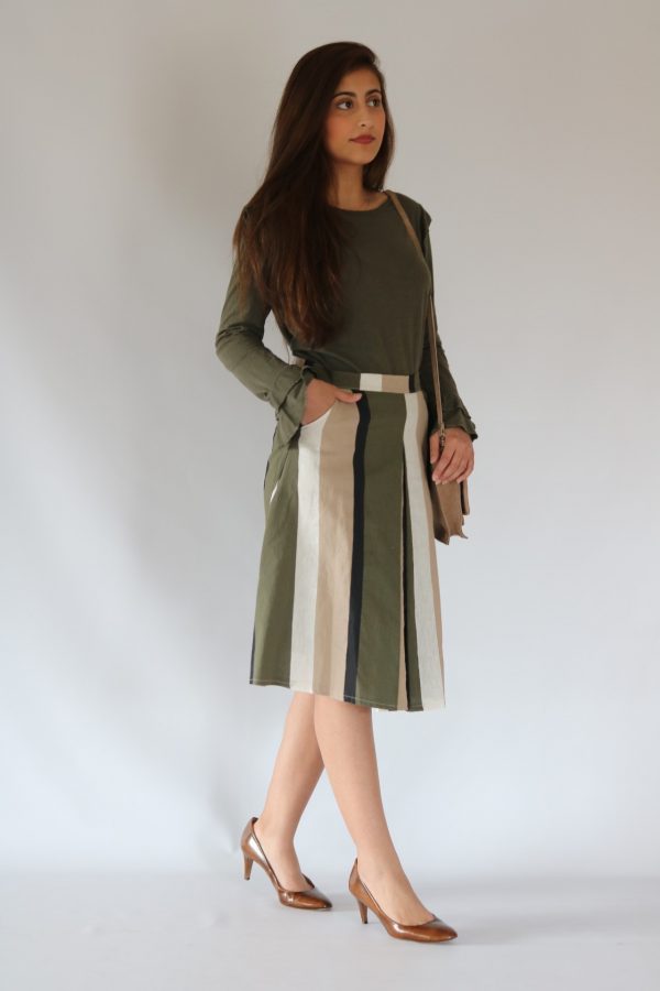 Falda midi para mujer, con rayas verdes, cintura con cremallera